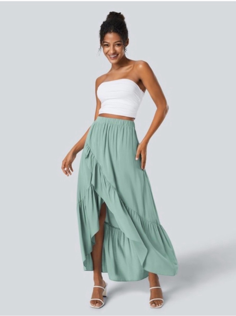NWOT- HALARA Olive Green High-Low Tiered Maxi Skirt